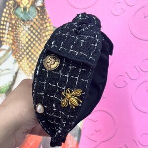 Black Tweed Headband with Gold Accents